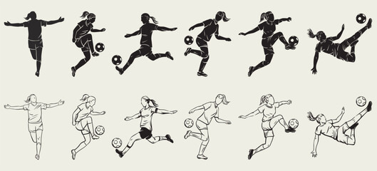 female soccer player silhouettes cutout outlines, female football player vector sets