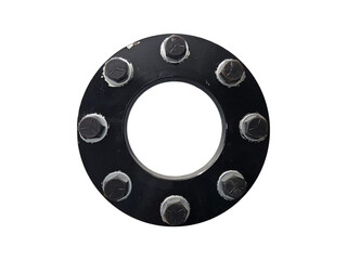 Front perspective of a steel flange coupling with central bore and 8 bolts, used for connecting in industrial machinery and mechanical systems. Isolated on white background, transparent PNG