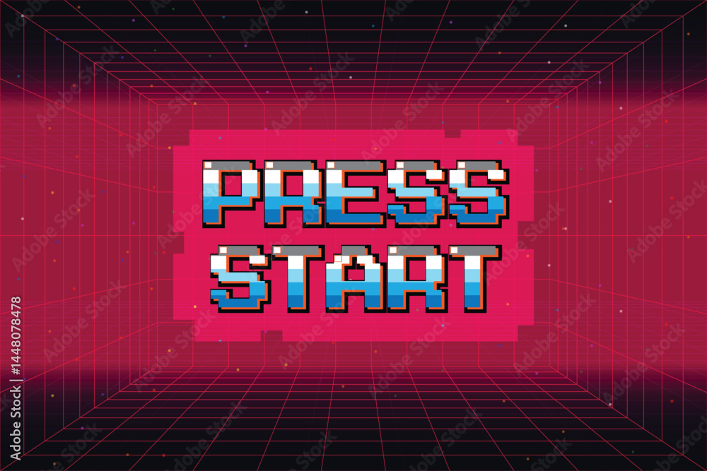 Aufkleber press start. insert a coin to continue. pixel art .8 bit game. retro game. for game assets. retro fu