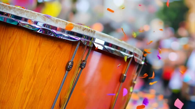 Vibrant festival drum surrounded by flying multicolor confetti in motion