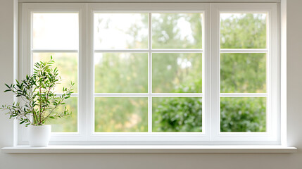 White window with plant showcasing natural light and outdoor view. Interior design elements for peaceful living. Inviting home scene.