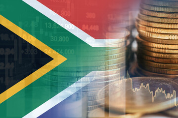 South Africa flag with stock market finance, economy trend graph digital technology.