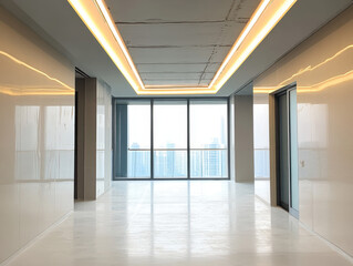 Obraz premium Modern, empty hallway with reflective floors and ceiling lights leads to large windows showcasing cityscape view. sleek design and bright lighting create spacious and open atmosphere