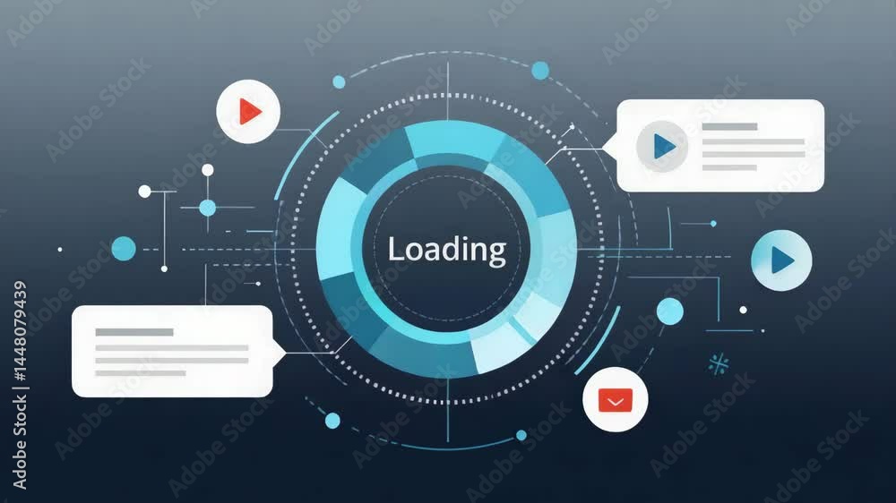 Poster a digital loading graphic featuring a circular progress indicator, chat bubbles, and streaming icons