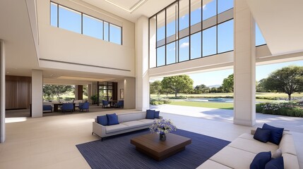 Fototapeta premium Modern Luxury Clubhouse Lounge Interior Design with Outdoor Golf Course View