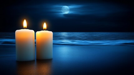 Two lit candles on a beach at night under a full moon romantic serene scene