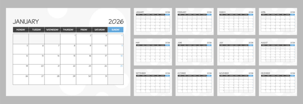 2026 monthly blank blue calendar planner with week starts on monday