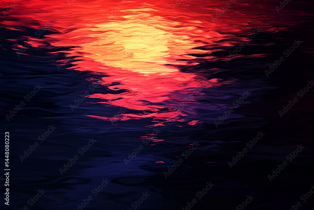 Poster abstract image of red and purple water reflecting a sunset, creating a wavy texture, symbolizing dep