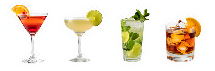 Four refreshing cocktails, including a cosmopolitan, margarita, mojito, and rum and cola, are shown for beverage or bar-related content. The image could be used for cocktail recipes or drink advertise