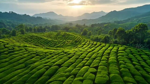 Sunrise light over terraced green tea hills and mountains