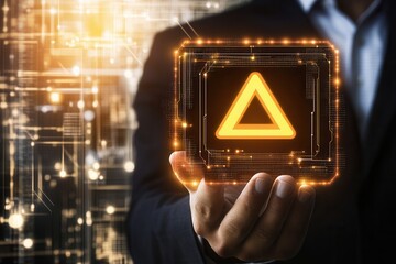 Business professional holding a glowing warning symbol in a futuristic digital environment