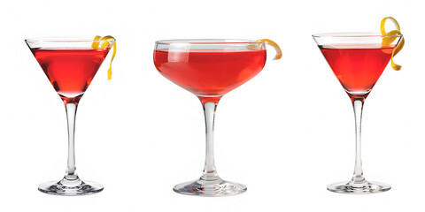 Three red cocktails in stemmed glasses sit side by side, each adorned with a yellow lemon twist. Likely a stock photo of cocktails, such as a cosmopolitan.