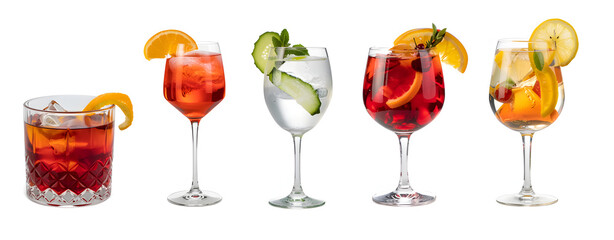 Five cocktail glasses are displayed side-by-side, each filled with colorful mixed drinks and garnished attractively with fruit slices, herbs, or peels. These vibrant drinks suggest summer cocktails