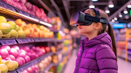 A young girl wearing a VR headset explores a virtual grocery store aisle filled with vibrant fruits and vegetables