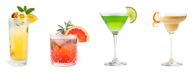 Four different cocktails sit next to each other, each with a different shape and garnished with fruit. These could be perfect for summer events or parties.