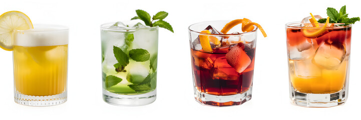 Four various cocktails are lined up against a white background. The drinks feature a variety of fresh ingredients like mint, lemon, and orange.