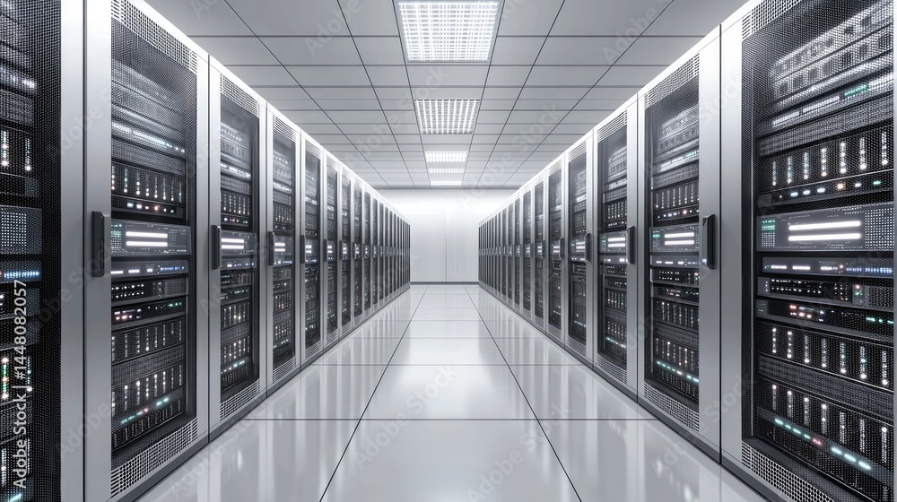 Poster modern white server room with sleek design and high-tech infrastructure, perfect for tech websites, 