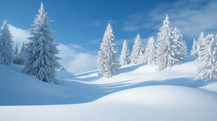 Fototapeta premium Snow-covered landscape with frosted trees under clear blue sky
