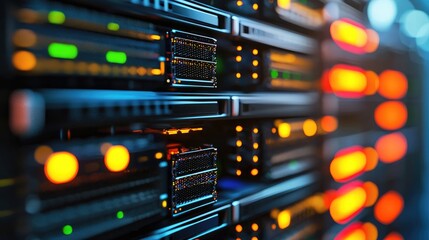 Fototapeta premium Closeup of orange and blue glowing server lights in a dark server room, great for cybersecurity, IT operations, and digital infrastructure