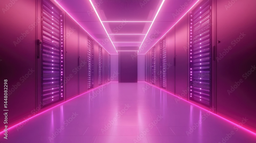 Poster pink led server corridor with minimal design, excellent for modern tech backgrounds, data storage th