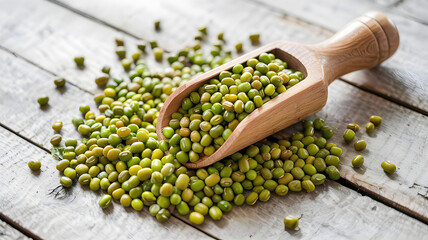 Mung beans fill a small wooden scoop against a rustic wood background. The beans are green, fresh produce, and healthy food, intended for culinary use.