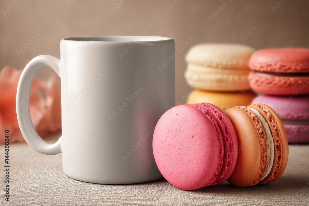 Aufkleber a delightful arrangement of colorful macarons paired with a pristine white mug on a textured surface