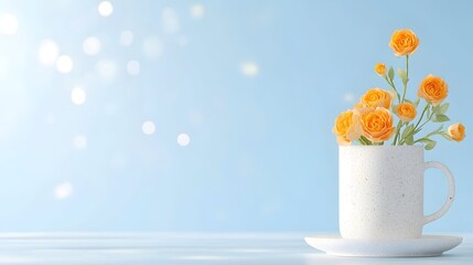 Delicate orange blossoms in a white teacup on a light blue background with bokeh effect
