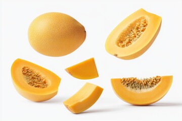 Cantaloupe slices and whole fruit, vibrant yellow