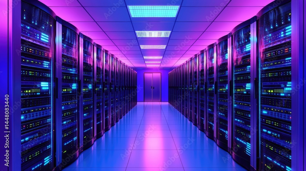 Poster purple-lit data center with symmetry and tech glow, perfect for futuristic systems, ai networks, or 