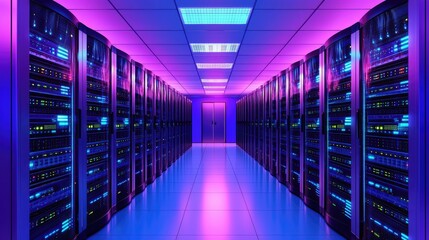 Fototapeta premium Purple-lit data center with symmetry and tech glow, perfect for futuristic systems, AI networks, or cloud visualization content