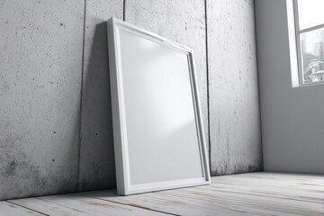 Minimalist interior with blank white frame, concrete wall and wooden floor, offering a clean and modern space for showcasing art and photography displays.
