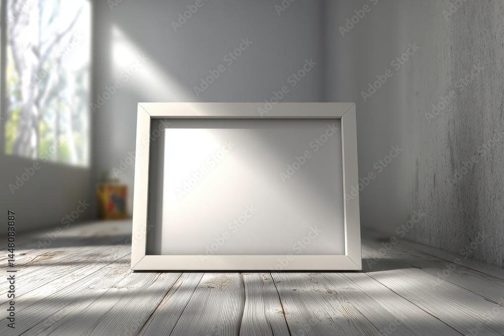 Poster white rectangular frame resting on a weathered wooden floor with sunlit wall, creating an ideal back
