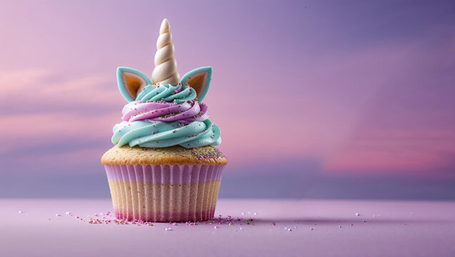 A whimsical cupcake adorned with vibrant, unicorn-inspired frosting delights with its pastel backdrop and playful charm.