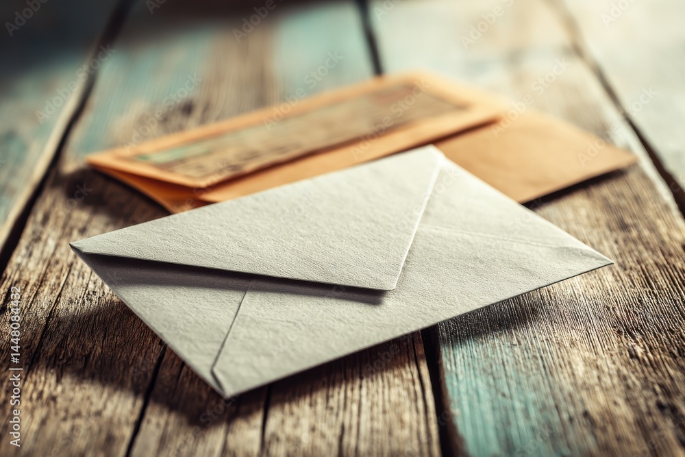 Poster vintage envelopes and an old letter lying on a rustic wooden table surface, creating a nostalgic and