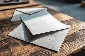 Elegant invitation envelopes displayed on a rustic wooden table, bathed in soft light, showcasing classic stationery for wedding or professional correspondence needs.