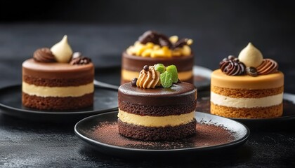 Four layered chocolate desserts with cream, berries, mint on black plate