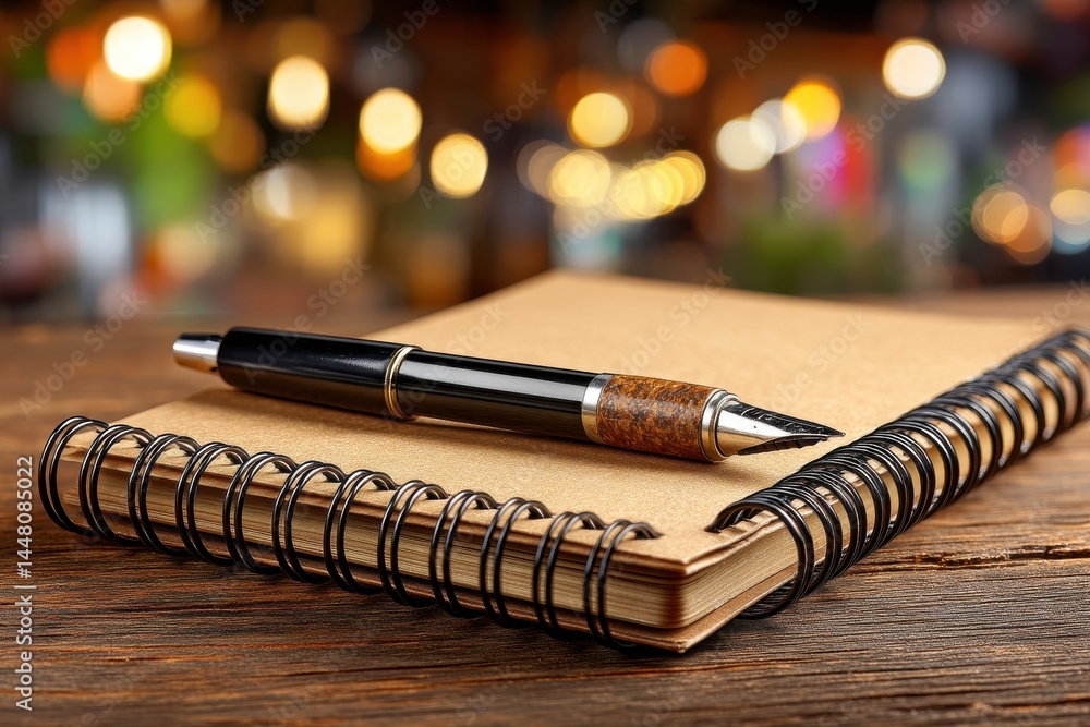 Poster elegant fountain pen rests on a kraft paper notebook with blurred lights adding depth and texture on