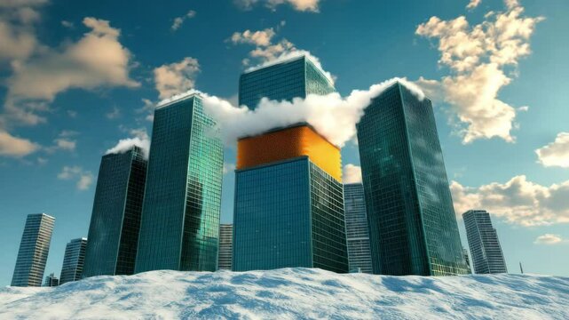 Modern skyscraper with orange section and clouds over snowy city building under blue sky