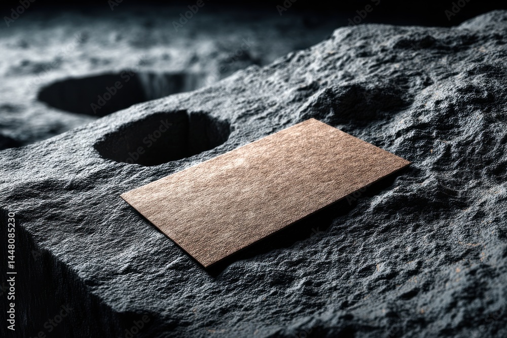 Poster a textured brown card resting on a rough, dark grey stone surface, with a hole in the background cre