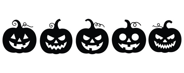 Halloween Pumpkin Silhouette Set with Spooky Jack-o'-Lantern Faces Isolated on White Background.