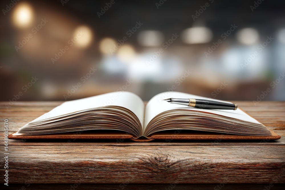 Poster open book with blank pages and a stylish pen rests on a rustic wooden table, creating an inviting sp