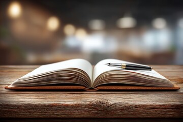 Obraz premium Open book with blank pages and a stylish pen rests on a rustic wooden table, creating an inviting space for writing and reflection, study and work.
