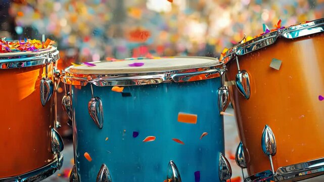Vibrant confetti dance over drums at colorful music festival celebration