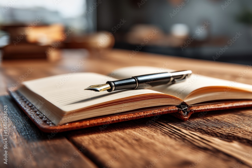 Poster elegant fountain pen resting on an open notebook with lined pages, placed on a rustic wooden desk, c