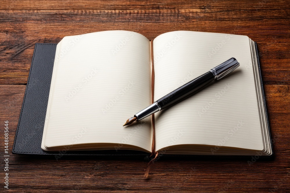 Poster close-up of a blank open notebook with lined pages and a fountain pen on a wooden desk, ideal for wr