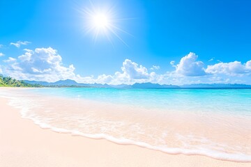 Fototapeta premium Idyllic beach scene; bright sun, turquoise water, soft sand, gentle waves, and distant mountains under a vibrant blue sky