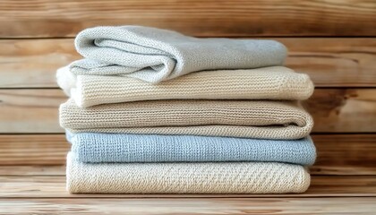 Stack of folded pastel sweaters on wooden surface and background