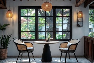 Fototapeta premium Modern office corner with minimalist design, white walls, black window frames, and a round table with chairs overlooking trees outside.