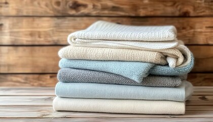 Stack of folded pastel sweaters on wooden surface and background