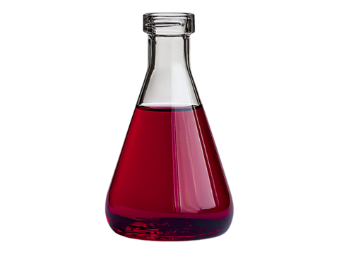 A clear Erlenmeyer flask filled with a vibrant crimson liquid sits against a stark white backdrop.